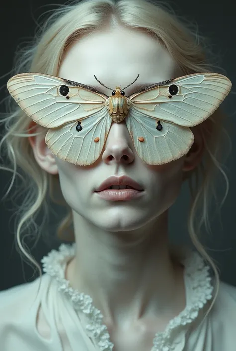 Face of a white woman with a moth on her face and covers her eyes, The moth is her nose with its wings spread , These have to be...