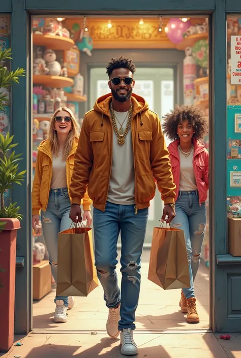 2. "A confident walking out of a toy store with shopping bags in hand, wearing sunglasses and a gold chain, followed by amaz...