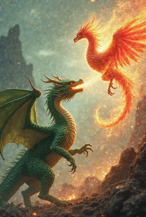 Make a video of a green dragon facing the Phoenix firecracker