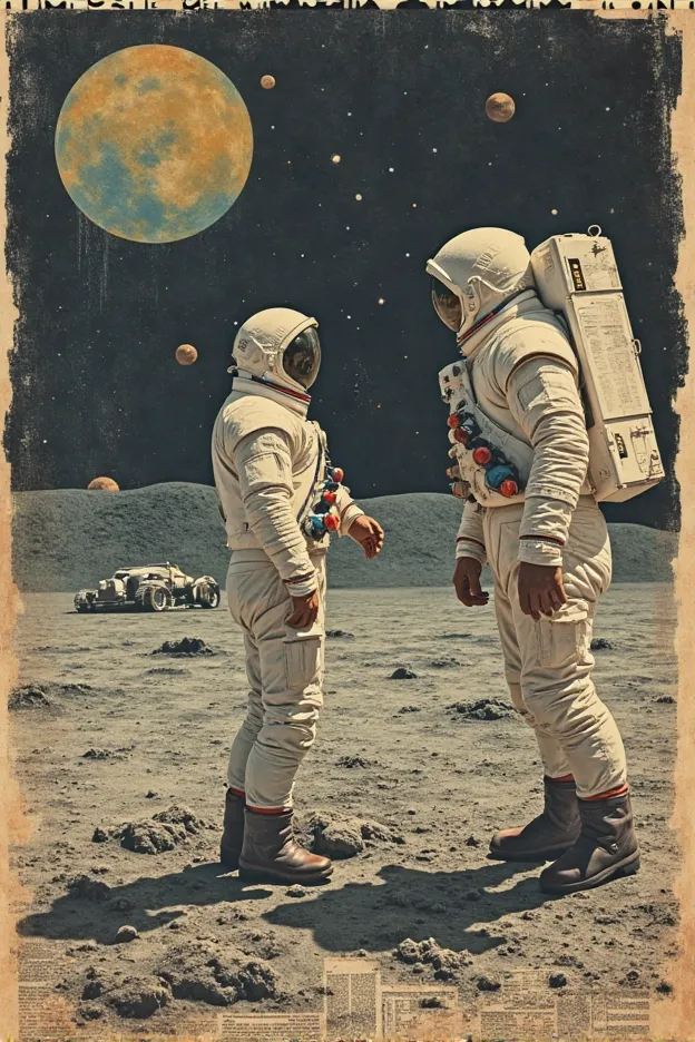 Collage art, 1960s retro vibe,(( faded paper texture:13)), Place a picture of a newspaper article, Astronaut on the moon meets E...