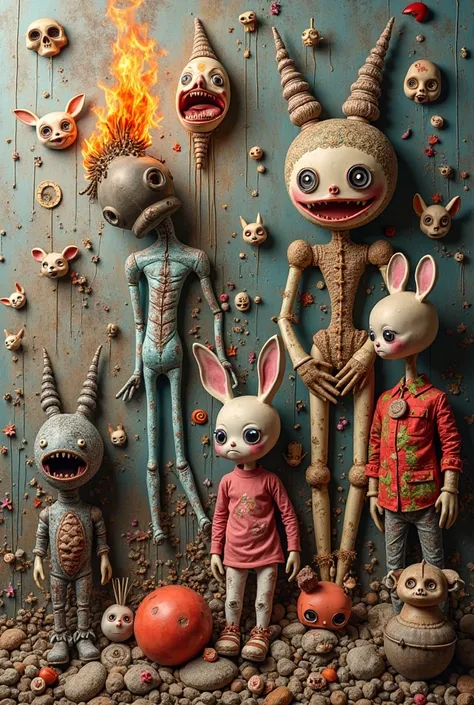 Collage-style art, collage on wall, fine art, Big collage of weird toys and fire and burning, lol, weird, painting and stuff, pe...