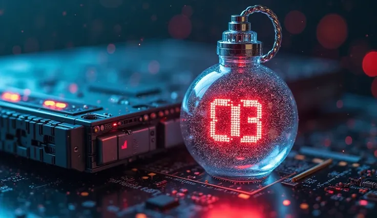 "A powerful visual of a sleek quantum computer with glowing circuits, placed above or beside a transparent digital time bomb mad...