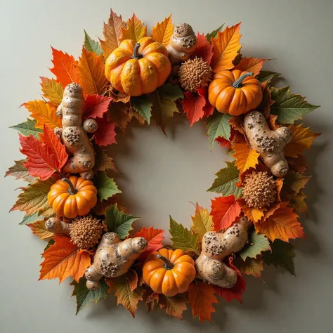 Pumpkin leaves and ginger forming a square shaped wreath