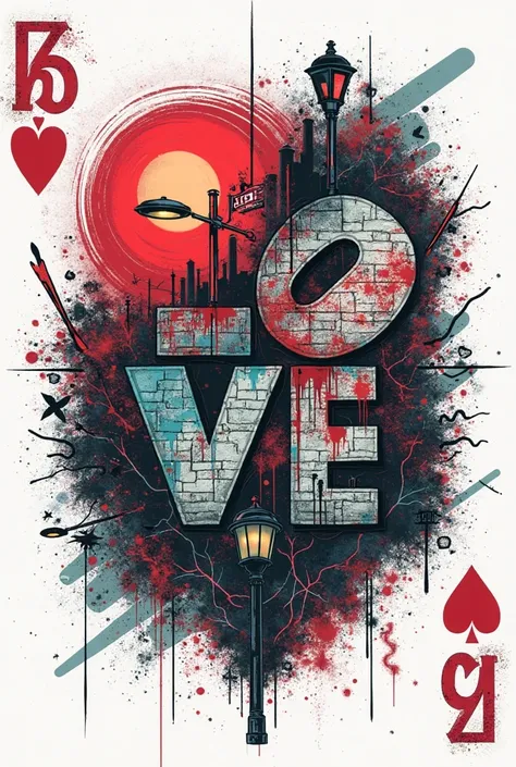 Create a 2D playing card design for Six of Spades with an urban theme. The card should have a white background with bold graffit...