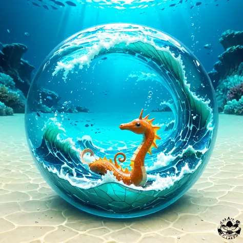 Seaart Logo - Made_of_cyan_glass - Transparent - Underwater - Broken Waves background - seahorse around 2.0  - waterdragon water...