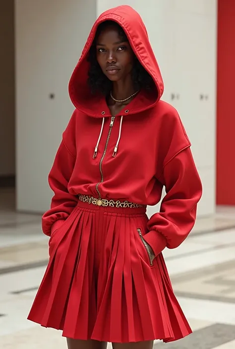 A red hoodie dress, negro , white and gold with a pleated skirt
