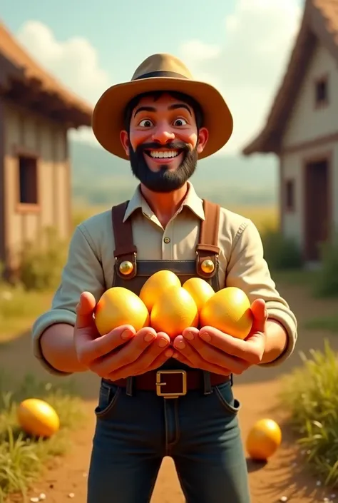 The farmer, now wearing slightly better clothes, holds a few golden eggs and smiles proudly. His home and surroundings look a bi...