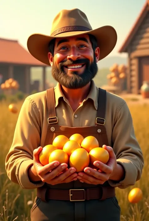 The farmer, now wearing slightly better clothes, holds a few golden eggs and smiles proudly. His home and surroundings look a bi...