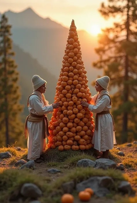 "Realistic photo of miniature people in traditional Kyrgyz clothing: white Kyrgyz kalpaks on their heads, leather belts. They ar...