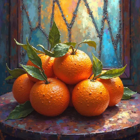 The texture looks like it was drawn with a brush
tangerines
stained glass