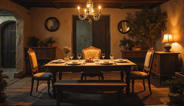 A dinner table in a simple house. The table consists of four chairs, two chairs in the text, a chair in the middle of the table,...
