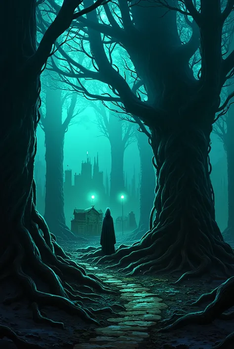 An ancient and cursed forest in a dark fantasy world. Giant trees of twisted black bark rise like towers, its intertwined branch...