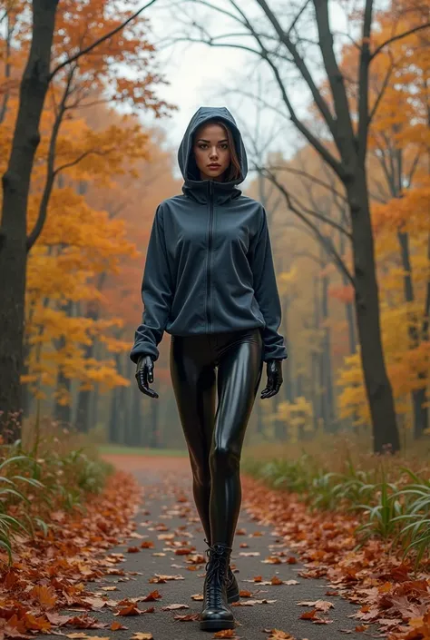 a girl wearing a full enclosed bodyfit skintight black latex catsuit under a blue short-sleeved sweatshirt and walking in a fore...