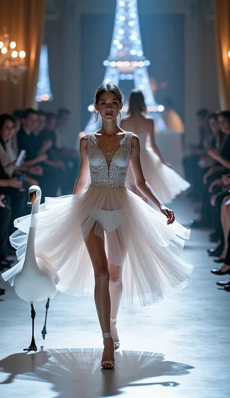 marioncflx walks the runway in a flowing Parisian-style mini gown that dissolves into rose petals, which reform into a crystal d...