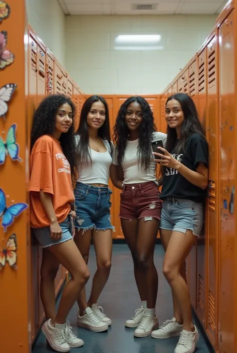 4 middle school girls inside PE locker room in track fits 3 Mexicans 1 black girl the black girl is holding the phone the Mexica...