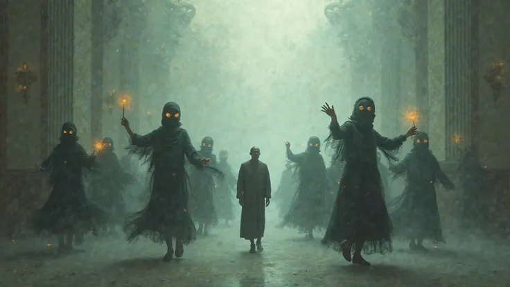Inside a dream-like room, personas dance wearing masks labeled “identity,” while a monk passes through them as if they were air.