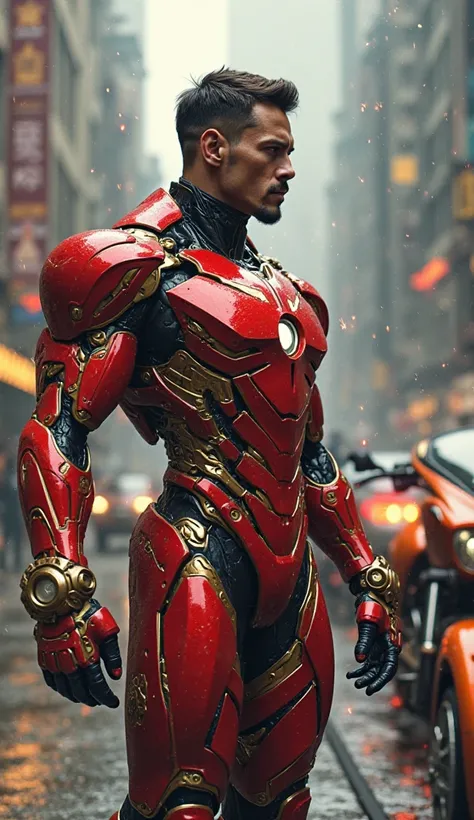 A muscular man in a red and gold robotic suit, a high-tech motorcycle, and a futuristic car all in one frame, (best quality,4k,8...