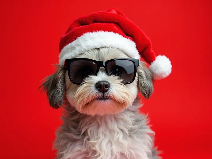Generate a festive and humorous portrait of a small, fluffy dog wearing a red Santa Claus hat with white trim and a white pompom...