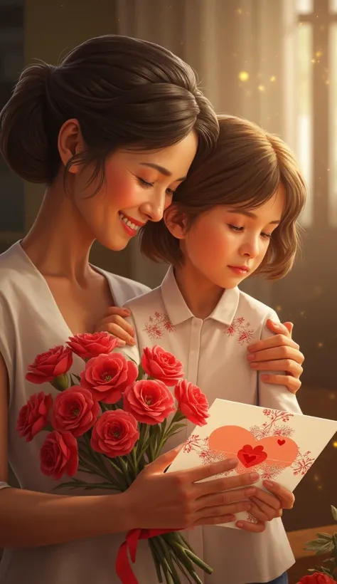 Mother: Simple elegant dress, holding a fresh bouquet of carnations, blissful smile, glowing expression.
Daughter: Casual stylis...