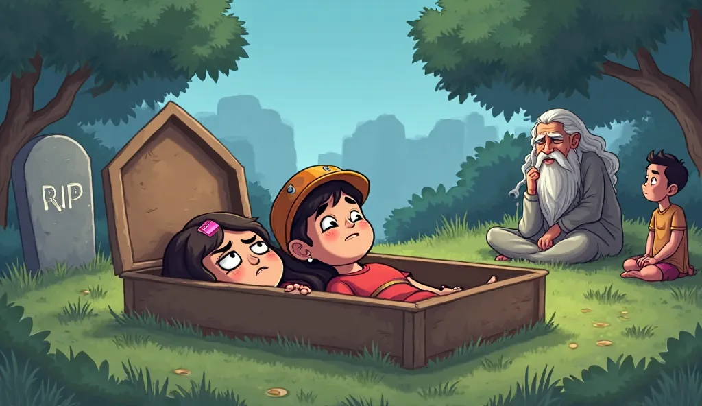 1. Scene Description:
A cartoon-style emotional graveyard scene.
Two cartoon s (a boy wearing a red T-shirt and helmet, and a ...