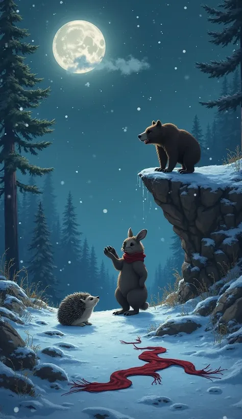 - Bear lunges. Screen fades to black.
- Sound effect: A single, echoing *snarl*.
- The hedgehog finds the rabbit’s scarf tor...