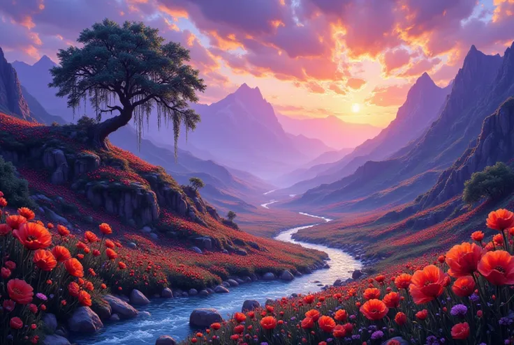 " A breathtaking, dreamlike landscape bathed in the iridescent hues of a twilight sky, rendered in the style of Art Nouveau and...