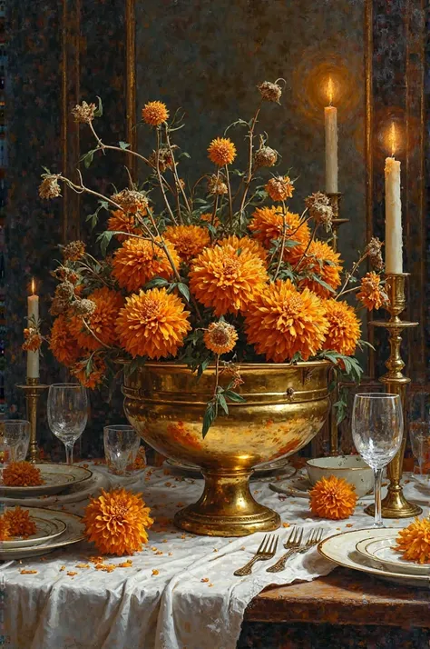 close-up still life painting of dried, drooping marigolds in a golden bowl on a lavish banquet table, soft candlelight, dramatic...