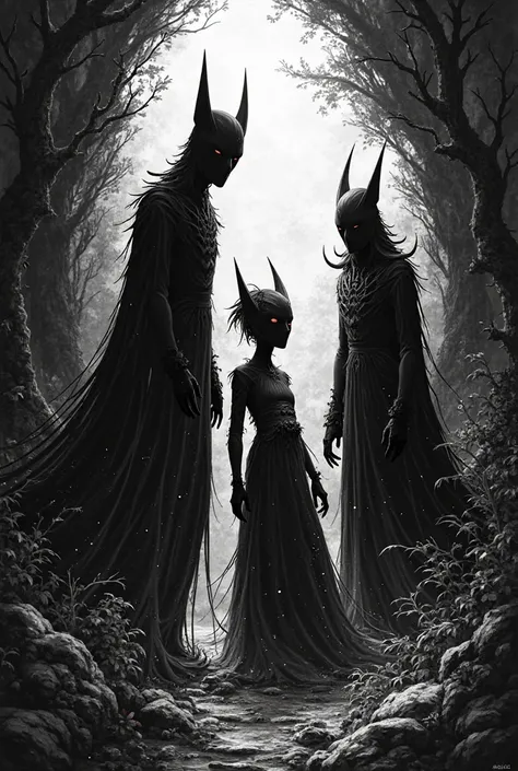 all black and white, not realistic but drawn with only black and white