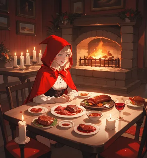 Little Red Riding Hood, fireplace, dining table, steak with blood, candles, red wine