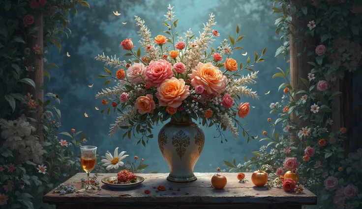 Vase with flowers from the last century at night, An atmosphere of melancholy and mystery