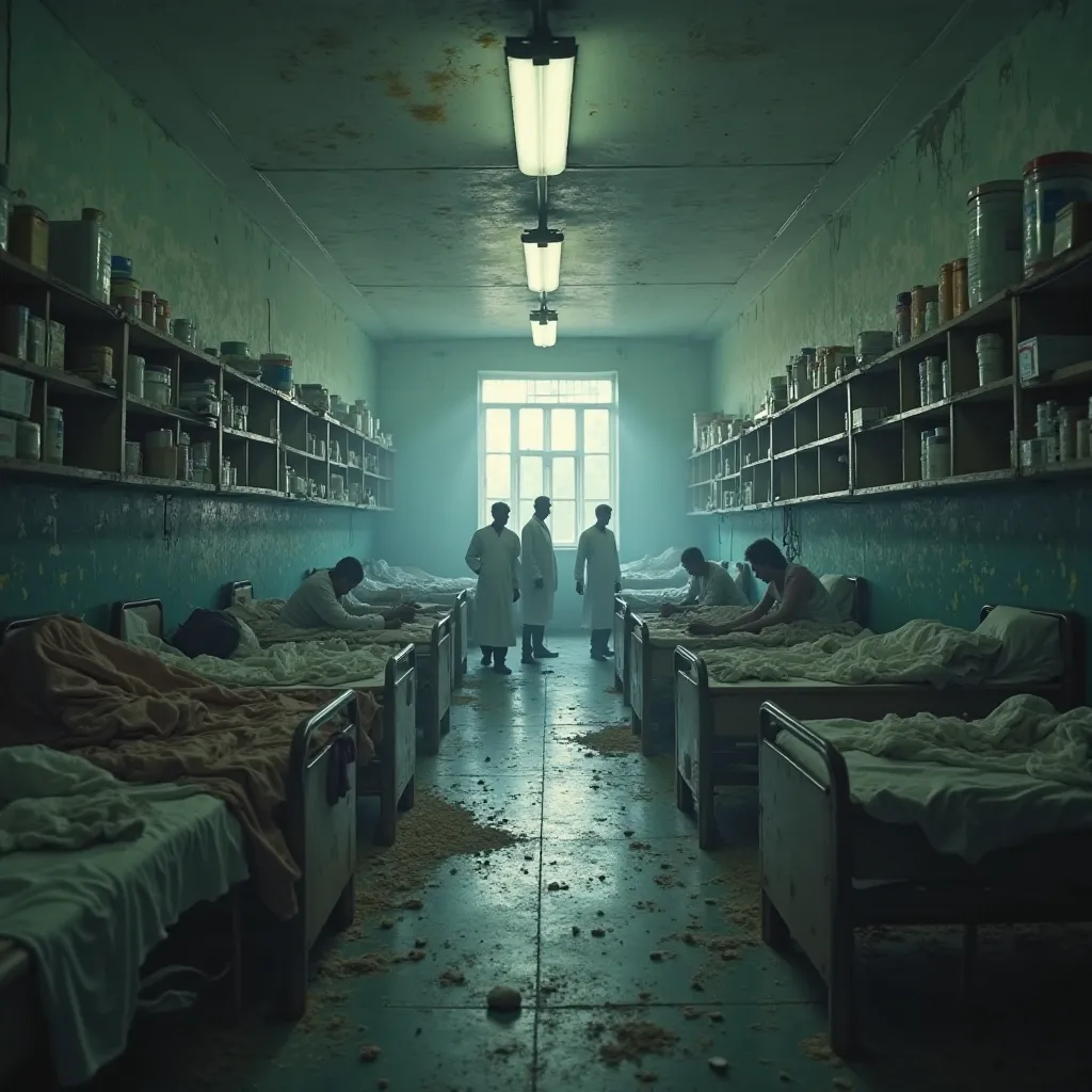 A hyper-realistic photograph of a struggling Indian government hospital with empty medicine shelves, dim fluorescent lights, pee...