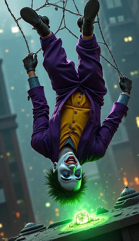 Joker hanging upside down, completely tangled in a giant web. His face shows frustration mixed with sarcasm, as he yells somethi...