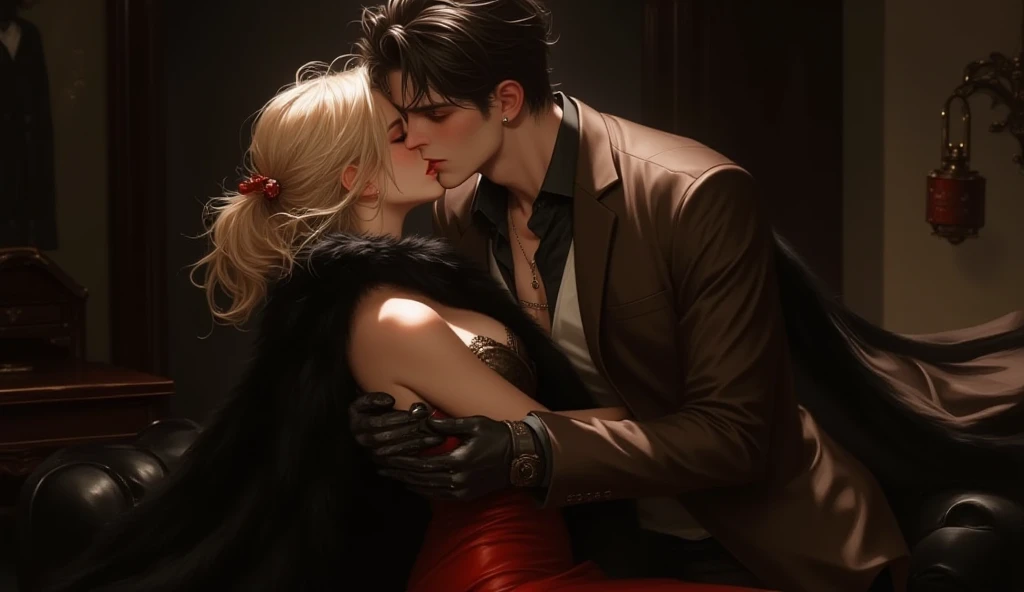 A dark-haired man wearing a brown suit kisses deeply passionately with his tongue an 18-year-old girl with blond hair who is wea...