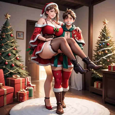 large breasts, curvy, plump, thick thighs, wide hips, shoulder carry, PLEASE SHOULDER CARRY, 1boy, 1girl, boy gagged, full body,...