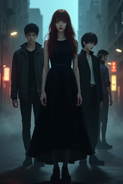 Create a poster with a girl in a black dress. Behind her, there is FOUR Guys: Dexter Morgan from the show, Iron Man from Marvel,...