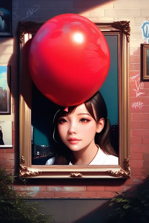 wall painting, girl, red balloon, banksy style, detailed portrait, high quality, surreal, atmospheric, urban landscape, graffiti...