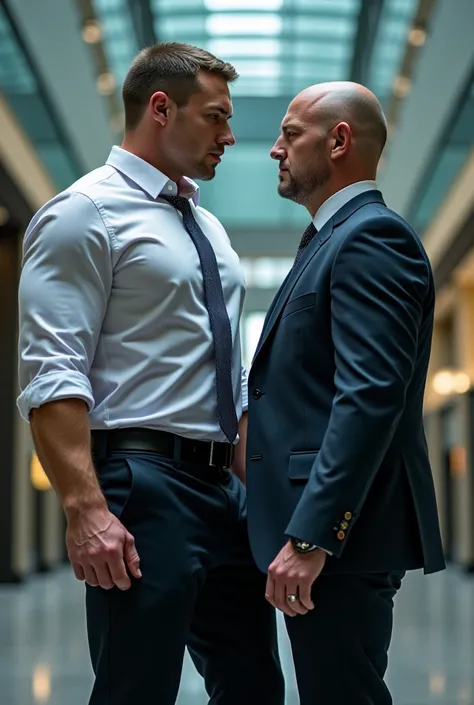Male 35 buffed on long sleeved with tie and another male, security personnel uniform, 41, buffed and taller