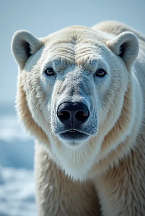 A close-up of the polar bear’s nose breathing warm mist into cold air, barnacles visible on its fur, emotional atmosphere, verti...