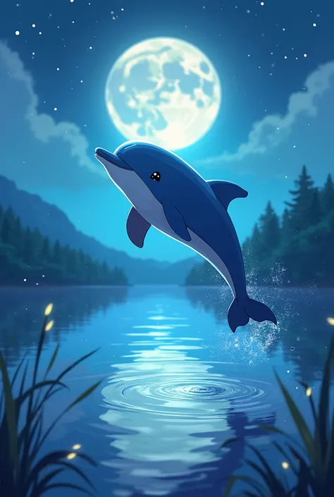a small blue dolphin jumping over a lake in the background a bright full moon anime style