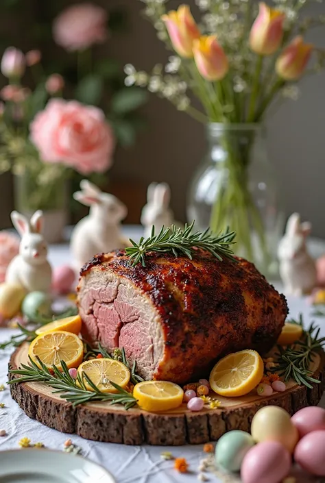 create a picture with a lamb roast and Easter decorations
