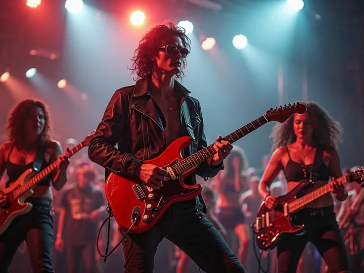 Rock guitarist wearing drop glasses on stage with a red stratocaster fender, rock band, girls on backup dancers, the hall is dan...