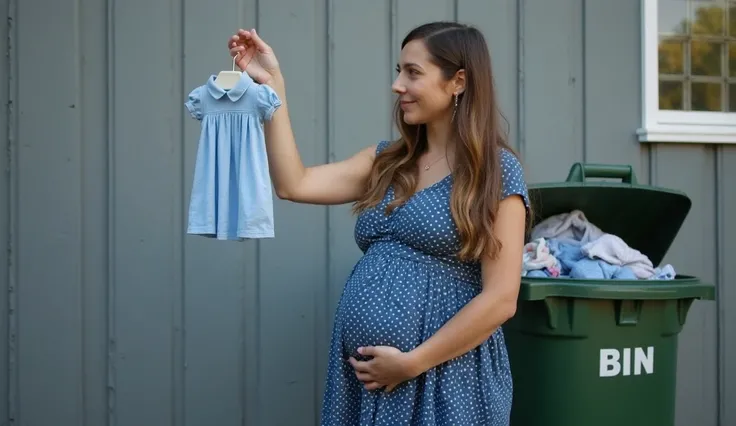 "A touching and emotional 16:9 scene outdoors, in front of a gray building wall. A pregnant woman with long brown hair, wearing ...