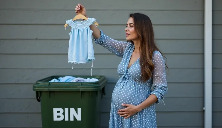 "A touching and emotional 16:9 scene outdoors, in front of a gray building wall. A pregnant woman with long brown hair, wearing ...