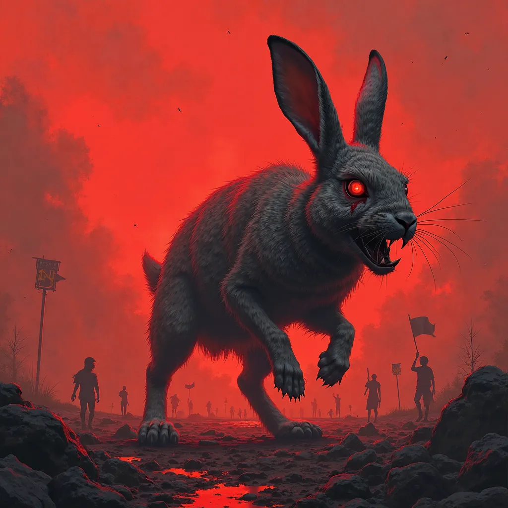Draw a killer rabbit with a blood-red sky on the ground and a spring protest