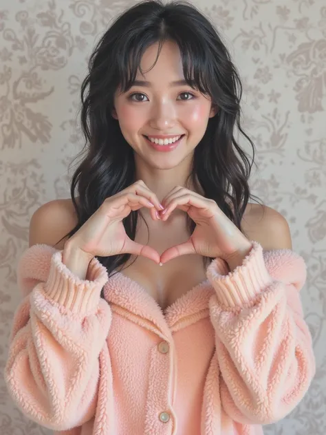 Only one woman with a cute smile wears cute, fluffy off-shoulder pajamas, makes a big heart shape with both hands, and poses the...
