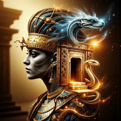 double exposure style, Prospect: Ancient Egyptian human-like Turtle God, donned in gold and white Pharonic attire, including an ...