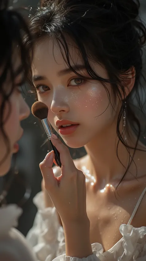 masterpiece, ultra-detailed, 8k, AIYANA in the middle of makeup, sitting by a lit mirror,
sudden over-shoulder glance with pier...