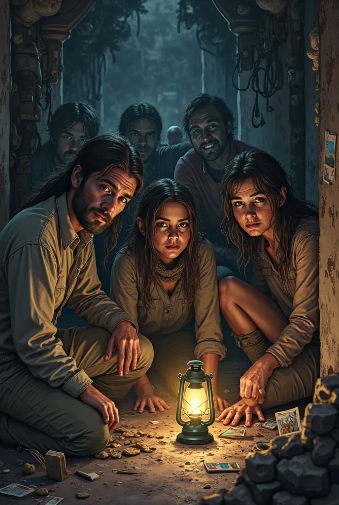 Group of survivors of a zombie world in a dimly lit secret shelter