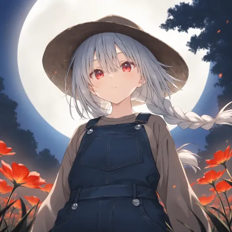 1girl, cute, Flower field, glowing red flowers, Bangs between eyes, High quality, beautiful, breasts,White hair,glowing red eyes...