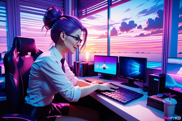 3D,Vaporwave,Sunset,old 3dcg Computer,violet computer monitor,80s office,window,purple wireframe ground